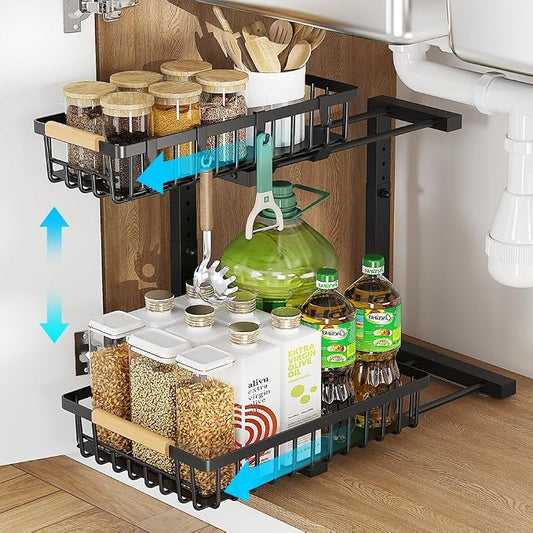 Under Sink Organizer, 2 Tier Metal Under Sink Organizers and Storage, Height Adjustable Slide out Pull out Cabinet Organizer for Kitchen Bathroom by XNREOZLM