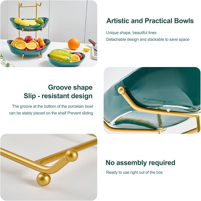 3 Tier Ceramic Fruit Bowl for Kitchen Counter | Tiered Fruit Basket for Countertop, Serving Tray for Food, Vegetable, Cake, Dessert in Party(Dark Green) - Image 3