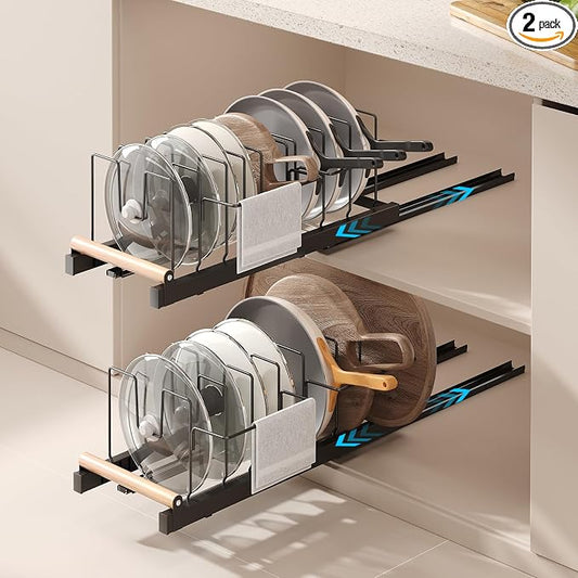 Magheo 2 Pack Pull Out Pots and Pans Organizer Under Cabinet, 22" Deep Expandable Pot Lid Organizer and Storage with 10 Adjustable Dividers Adhesive Pot and Pan Holder Rack with Handle Bracket(Black) by MAGHEO