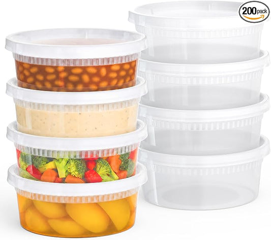 200 PACK (400 SETS) of 8 oz. Plastic Food Containers with Lids | Airtight, Microwave, Dishwasher, & Freezer Safe | Meal Prep, Disposable, Takeout Deli Soup Slime Round Food Storage Box by TopSellingProducts