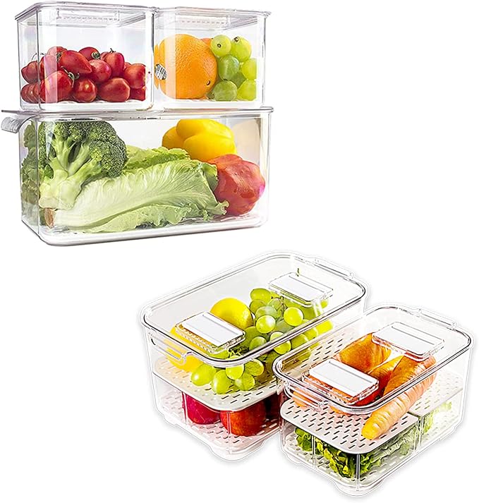 elabo Food Storage Containers Fridge Produce Saver- Stackable Refrigerator Organizer Keeper Drawers Bins Baskets with Lids and Removable Drain Tray for Veggie, Berry and Fruits by elabo
