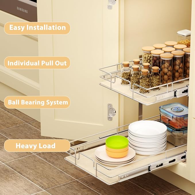 ROOMTEC 2 Tier Individual Pull Out Cabinet Organizer 13½"W x 21½"D, Slide Out Wood Shelves Organizers, Pull Out Drawers Organization and Storage for Kitchen Cabinet - Image 5