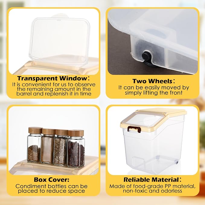 4 Pcs Rice Storage Containers Bulk Flour Sugar Container Wheels Measuring Cups Set Airtight Pet Dog Cat Birds Food Bin Grain Cereal Organizer Box for Dry Baking (Beige,38 lb) - Image 3