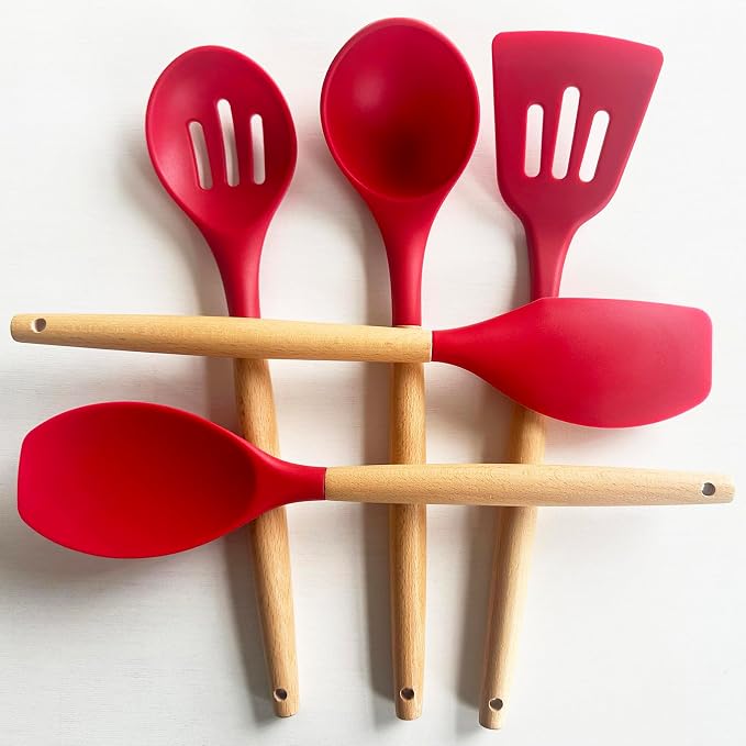 Silicone Cooking Utensils Set 5Pcs Non-Stick Silicone Kitchen Utensils for Cooking, Heat Resistant Kitchen Gadgets Spatula Spoon Turner Set with Wooden Handles for Non-Stick Cookware BPA Free - Image 6