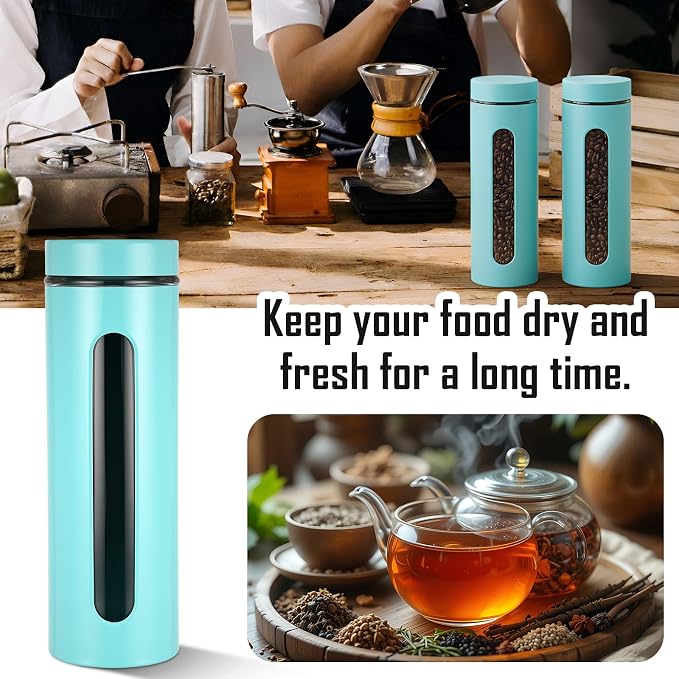 Patelai 6 Pack Kitchen Canisters Set Airtight Stainless Steel Canister Food Storage Container with Window Glass, Coffee Sugar Candy Jars Tea Organizer for Flour Cookies Spice(Turquoise,60 oz) - Image 5