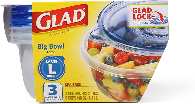 Glad GladWare Big Bowl Food Storage Containers with Lids, Large Round No BPA Plastic Containers for Soups, Salads, and Meal Prep, Lock Tight Seal, Microwave Dishwasher Safe, 48 Oz, 3 Count - 6 Pack | Lock-tight seal for soups, salads, and meal prep in ... - Image 8