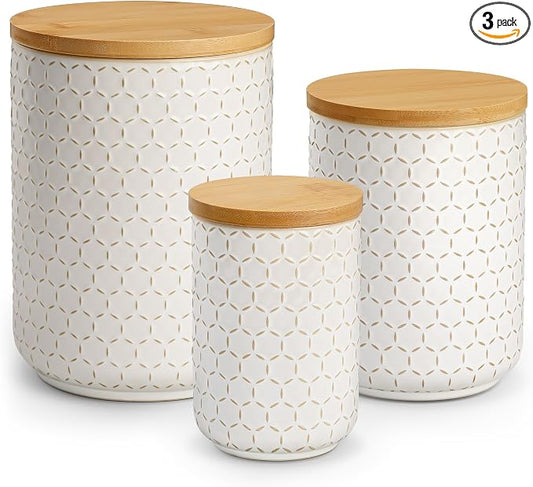 MALACASA LYDIA Ceramic Canisters Set with Airtight Lids, 80/40/20 oz Coffee Canisters Sets for the Kitchen, Large Jars for Flour, Sugar, Pasta, Coffee, Cookies, Tea - Set of 3, Hexagon by MALACASA