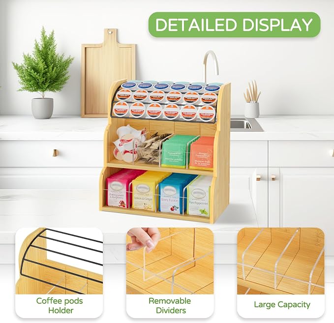 LASZOLA Bamboo Tea Bag and Coffee Holder Organizer for Cabinet Counter | 3 Tier Large Capacity, Vertical K Cup and Tea Packet Storage Rack, Sturdy Display Stand, Easy Assemble - Image 3