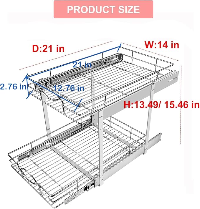 Sikarou Pull Out Cabinet Organizer 14"W 21"D 2-Tier Slide Out Storage Shelf - Image 2
