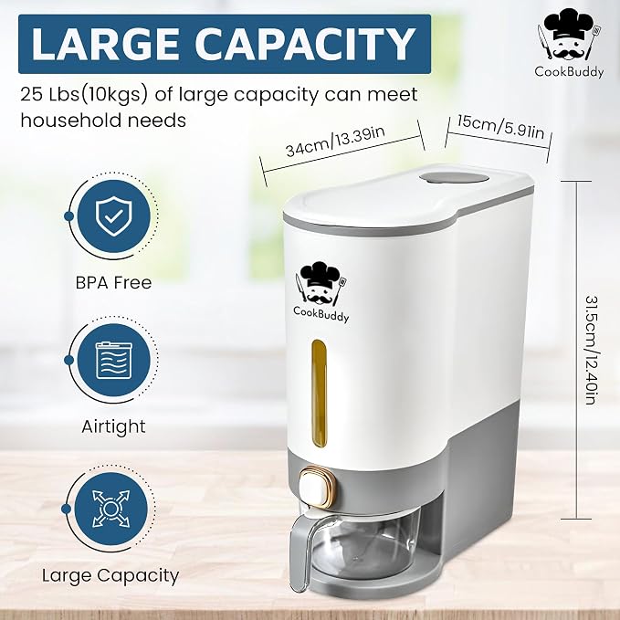 CookBuddy Rice Dispenser - 25 lb Airtight Rice Storage Container - Grain Dispenser - Image 5