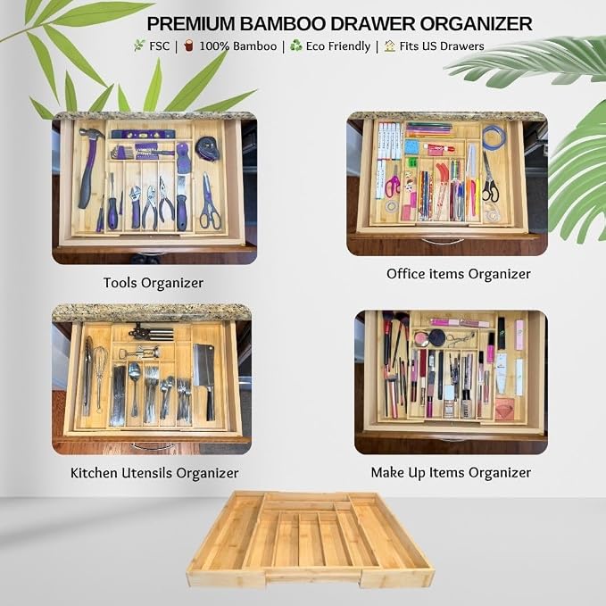 EVERLINE Expandable Bamboo Drawer Organizer for Kitchen Utensils | Adjustable Silverware Organizer Tray, 7-9 Compartments, Natural Bamboo, Cutlery & Kitchen Storage - Image 4