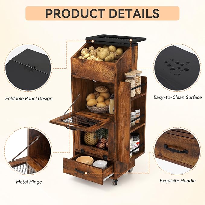 Verano Garden 16.0" Potato and Onion Storage Bin on Wheels, Bread Box | Fruit and Vegetable Organizer, Rolling, Side Rack, Flip-top, Mesh Doors, 4-Tier, Grocery Section, Ventilated, Wood, Kitchen - Image 6