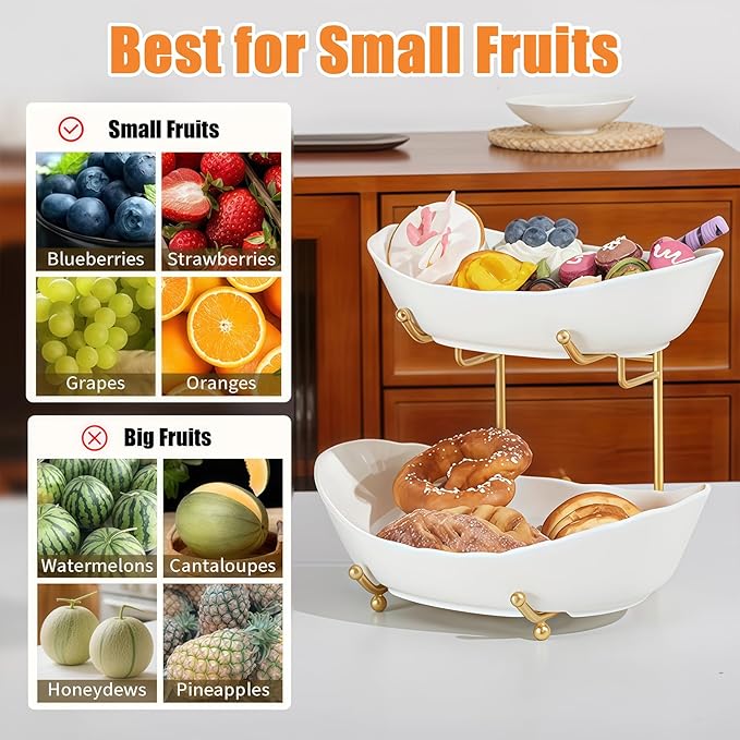 2 Tier Fruit Bowl, Ceramic Fruit Basket for Kitchen Counter | Fruit Holder for Kitchen, with Metal Stand, No Installation Required, Save Space, Easy to Clean, Modern, Gold&White, Large - Image 4