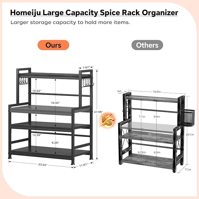 23.6"W Large Kitchen Countertop Organizer, 3 Tier Spice Rack Organizer with Adjustable Shelf and 10 Hooks, Wooden Counter Organizer, Countertop Shelf Microwave Stand for Kitchen, Coffee Bar, Black - Image 8
