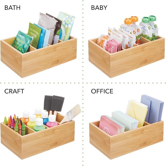 mDesign Bamboo Wood Compact Food Storage Organizer Bin Box - 4 Divided Sections - Holder for Seasoning Packets, Pouches, Soups, Spices, Snacks - Natural - Image 7