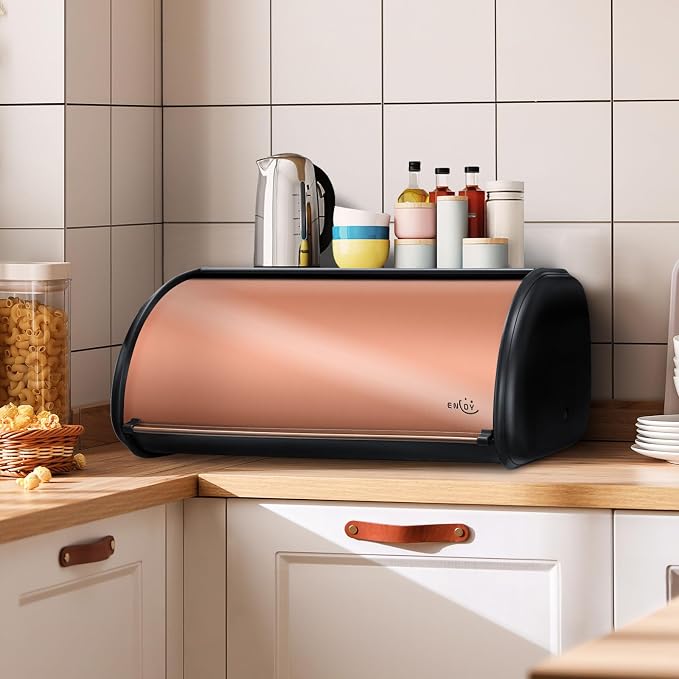 ENLOY Bread Box for Kitchen Countertop, Stainless Steel Bread Storage Bin for Kitchen with Roll Up Lid, Large Capacity Bread Keeper Holds Large Loaves of Bread (Rose Gold) 17 x 11 x 7 IN - Image 8
