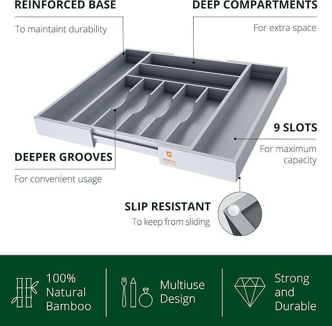 ROYAL CRAFT WOOD Luxury Bamboo Kitchen Drawer Organizer - Silverware Organizer - Utensil Holder and Cutlery Tray with Grooved Drawer Dividers for Flatware and Kitchen Utensils (9 Slot, Gray) - Image 4