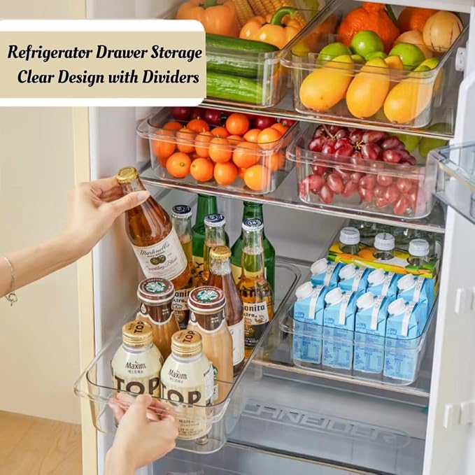 Roll-Out Refrigerator Organizers and Storage, 2 Pack Drawer Fridge Bins | Silicone Wheels, Adjustable Dividers, Thick Clear PET, Built-In Handle, for Fridge, Pantry, Bathroom & Kitchen Organization - Image 3