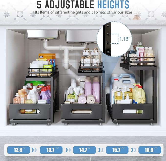 Under Sink Organizer Upgrade To Professional Rails,2-Tier Dual Pull Out Cabinet Storage,Height Adjustable Slide Out Drawers For Bathroom Kitchen,2 Pack-18.5"Dx12.8"-16.9"H,Black - Image 6