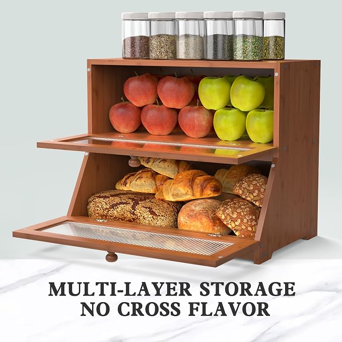 LOHASOK Bread Box for Kitchen Countertop,Brown | 2-layer, Bamboo, Large, Farmhouse Bread Container Holder Storage, Acrylic translucent window - Image 4