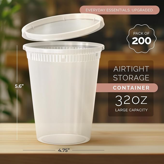200 PACK (400 SETS) of 32 oz. Plastic Food Containers with Lids | Airtight, Microwave, Dishwasher, & Freezer Safe | Meal Prep, Disposable, Takeout Deli Soup Slime Round Food Storage Box - Image 2