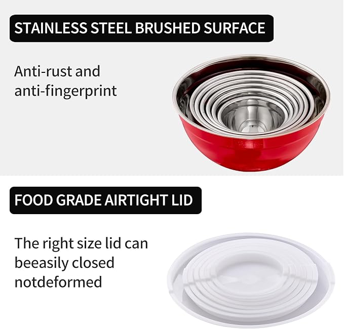 Red Mixing Bowls with Lids Set of 7, Stainless Steel Nesting Bowl with Khaki Lid for Non-slip Mixing Prepping Storing Serving, 7 Sizes-7/3.6/2.7/2.1/1.5/1/0.8 QT - Image 4