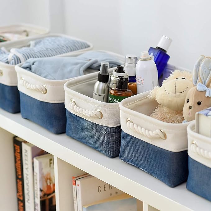 Storage Basket for Organizing - Small 12x8x5.2 inch 6 Pack Collapsible Storage Bin for Shelves, Canves Storage Cubes for Organizer Cloth Box Gift Toys Closet (White & Jean Blue) - Image 5