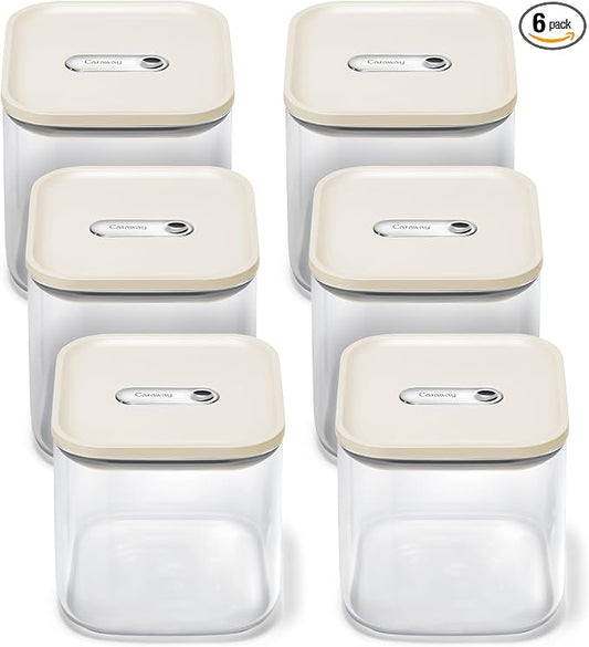 Caraway 2.5 qt Glass Airtight Food Storage Containers with Lids | Non-Toxic, Stackable, Space-Saving Airtight Containers for Pantry, Dry Goods, 6 Pack, Cream by Unknown