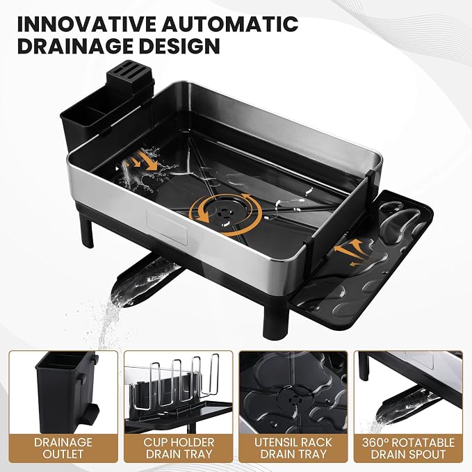 Stainless Steel Dish Drying Rack - No Rust Extra Large Capacity Dish Drainer Rack for Kitchen Counter with Drain Board Set Adjustable Spout Detachable Utensil Cup Holder for Big Family - Image 5