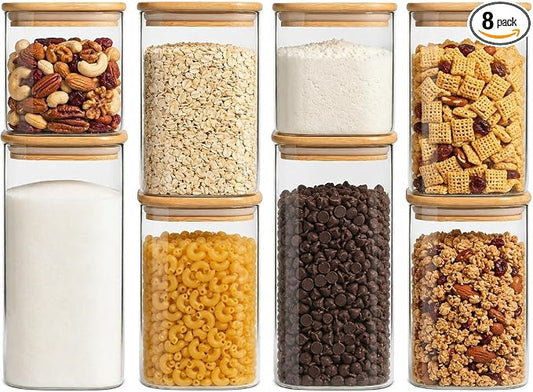 Airtight Glass Storage Containers with Lids 8 Pack, 25/37 /50oz Square Glass Jars with Bamboo Lids, Kitchen Canister Set for Pantry Organization Food Storage for Flour Sugar Rice Pasta Cereal by Snaiio
