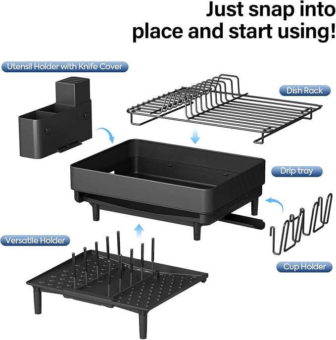 Urackify Expandable Dish Drying Rack, Stainless Steel, Large Capacity | Multifunctional Drainboard for Kitchen Countertop, Removable Cutlery Tray, Foldable Cup Holder, 20.4"L x 20"W, Black - Image 6