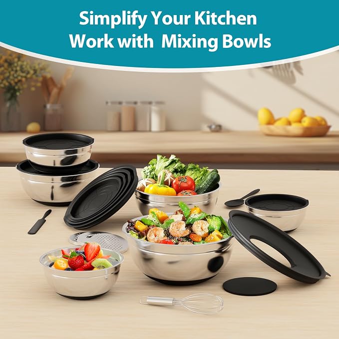 20-Piece Mixing Bowls Set with Airtight Lids – 6 Stainless Steel Kitchen Bowls (4.5QT, 4QT, 3.5QT, 2.1QT, 1.5QT, 1.1QT), 3 Grater Attachments, Non-Slip Silicone Bottoms, Perfect for Baking & Serving - Image 7