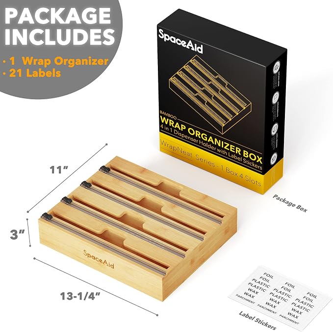 SpaceAid Bag Storage Organizer for Kitchen Drawer, Bamboo Organizer, (4 Pack) SpaceAid WrapNeat 4 in 1 Wrap Dispenser - Image 5