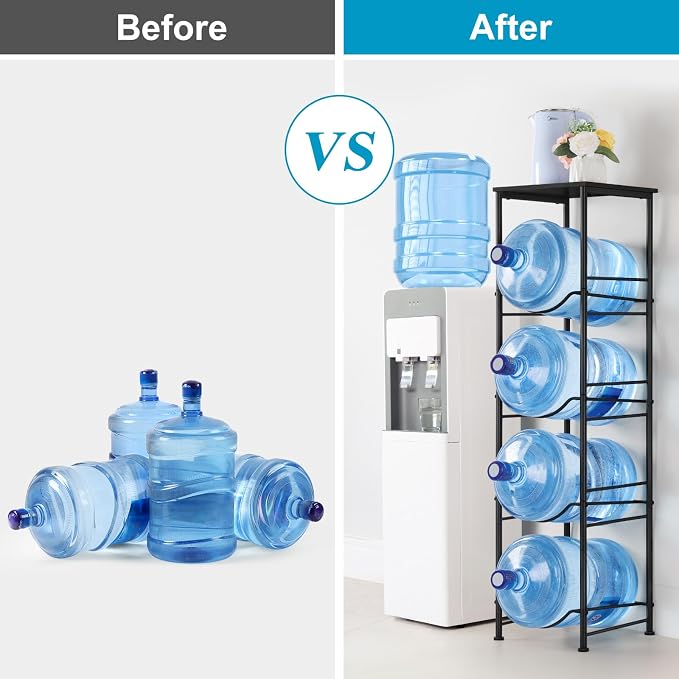 ETELI 5 Gallon Water Jug Holder 4 Tier Gallon Water Bottle Holder with Storage Shelves Water Cooler Jug Rack Stand for 5 Gallon Water Dispenser Organizer for Kitchen, Office, Living Room, Black - Image 5