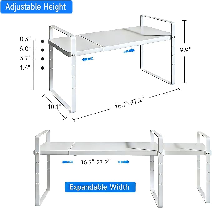 Expandable Cabinet Shelf Organizer, Stackable Kitchen Pantry Counter Storage, Adjustable Closet Cupboard Stand Rack Risers Spice Organization 80LBS Heavy Duty White Large 2 Pack - Image 2