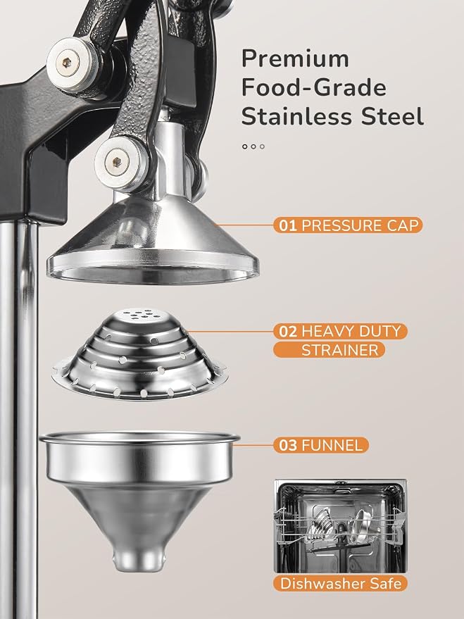QCen Manual Citrus Juicer Cast Iron Heavy Duty Orange Press | Stainless Steel Strainer, Hand Squeezer, Easy To Clean, For Orange, Lemon, Lime And Grapefruit, Black - Image 3