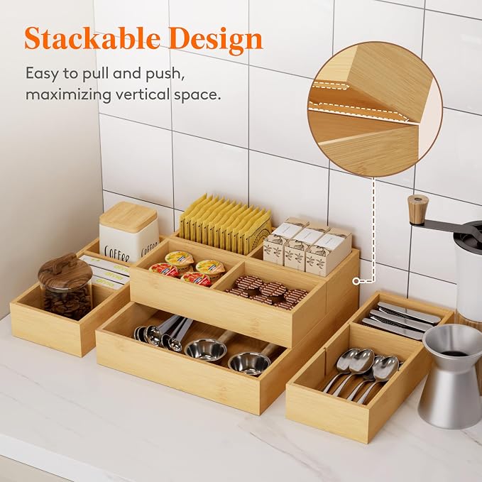 Lifewit Drawer Organizer 15 Pack(33 Grid) with 18 Inserts | Adjustable Bamboo Wooden Trays for Utensils, Silverware, Makeup, Kitchen, Bathroom, Office, Vanity Storage - Image 3