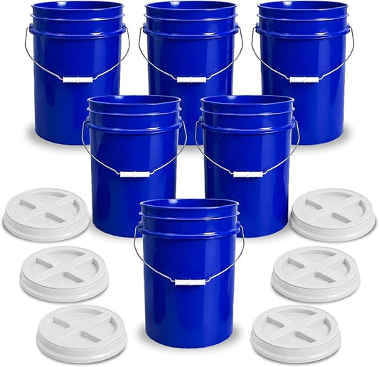 5 Gallon Bucket - Food Grade w/Lid BPA-Free, Blue/White, 6 | Airtight Gamma Seal Screw-On Lid, Heavy-Duty 90 Mil HDPE Plastic, Food Safe and Durable Container, Bulk Storage, Made in USA by ePackageSupply