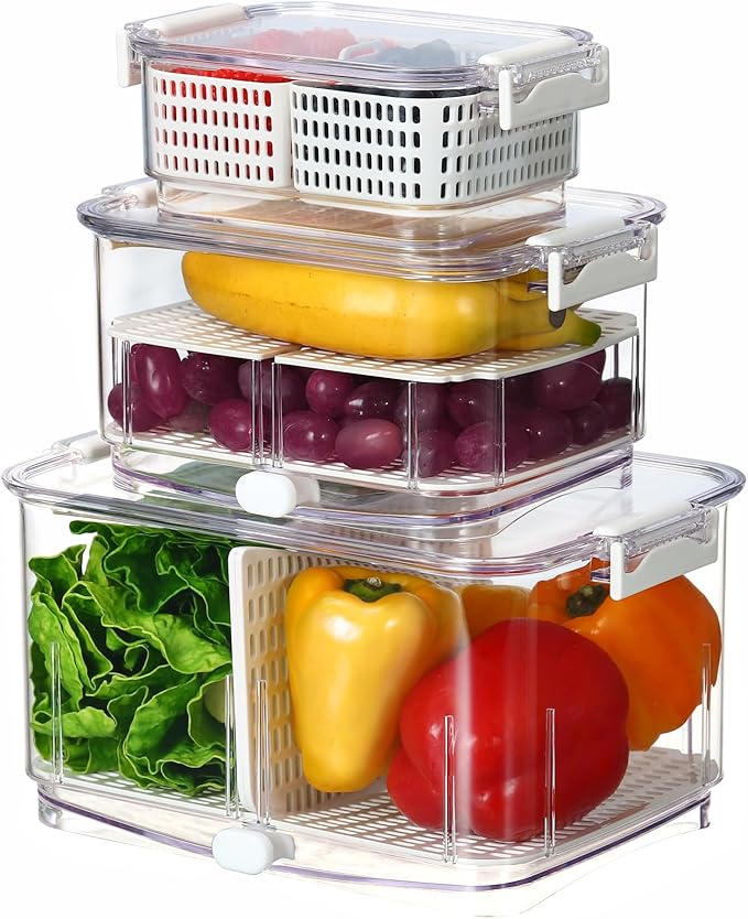 Felli Duo Fresh Produce Saver for Fridge, Fruit Vegetable Container with Vent & Drainage in Bottom for Wash, Colander Strainer Storage Bin for Refrigerator, Berry Lettuce Keeper by Felli