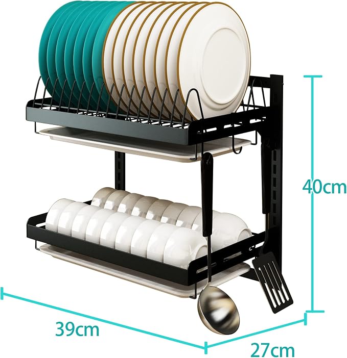 Wall Mounted Stainless Steel Dish Drying Rack Fruit Vegetable Storage Basket with Drainboard and Hanging Chopsticks Cage Knife Holder Kitchen Supplies Shelf Utensils Organizer (2-Tier) - Image 7