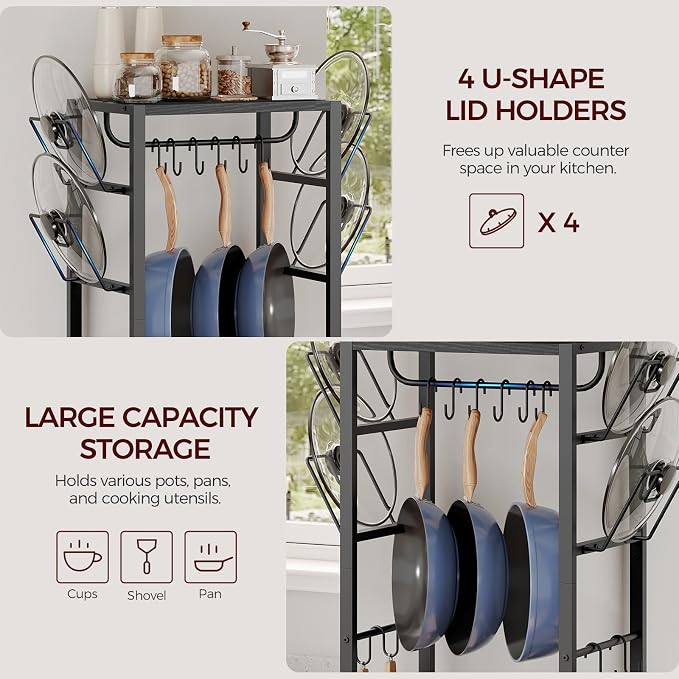 MAHANCRIS 4-Tier Pot Rack, Pots and Pans Organizer for Kitchen Corner, Kitchen Storage Rack with U-Shaped Lid Holders, Freestanding Cookware Stand, Black POBK3001 - Image 4