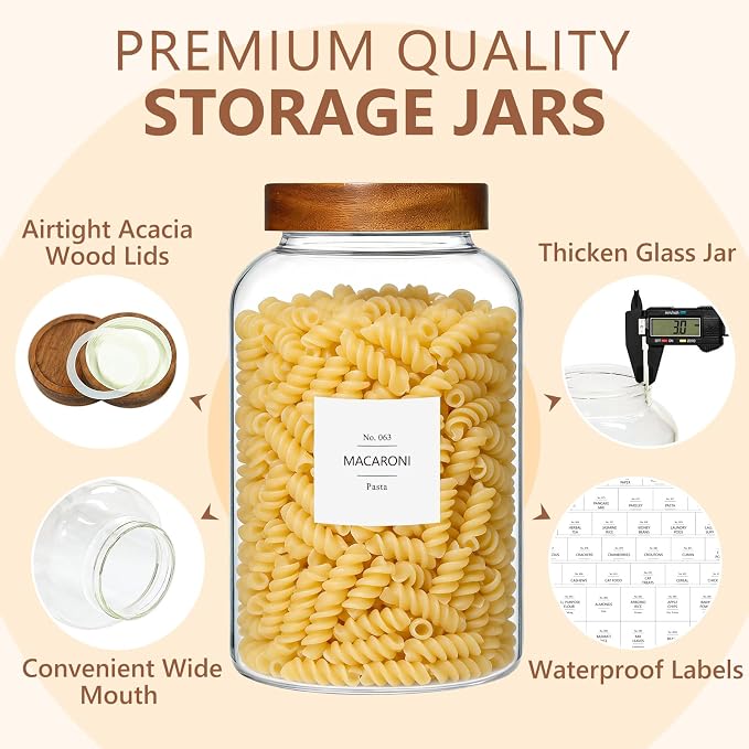 KEYWING 1 Gallon Glass Jars w/Acacia Lids for Flour & Rice Containers 2Pcs | Large Wide Mouth Airtight Food Storage Containers, Pantry Kitchen Organizer for Egg Sugar Cereal -3800ml with 126 Labels - Image 3