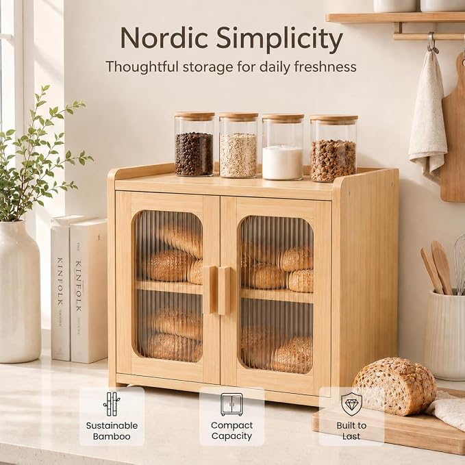Bread Box for Kitchen Countertop, Large Capacity Wooden Bread Box, Fluted Acrylic Window Farmhouse Bread Storage, 2 Tier Corner Bread Box for Homemade Bread & Sourdough Bread, Natural Bamboo - Image 2