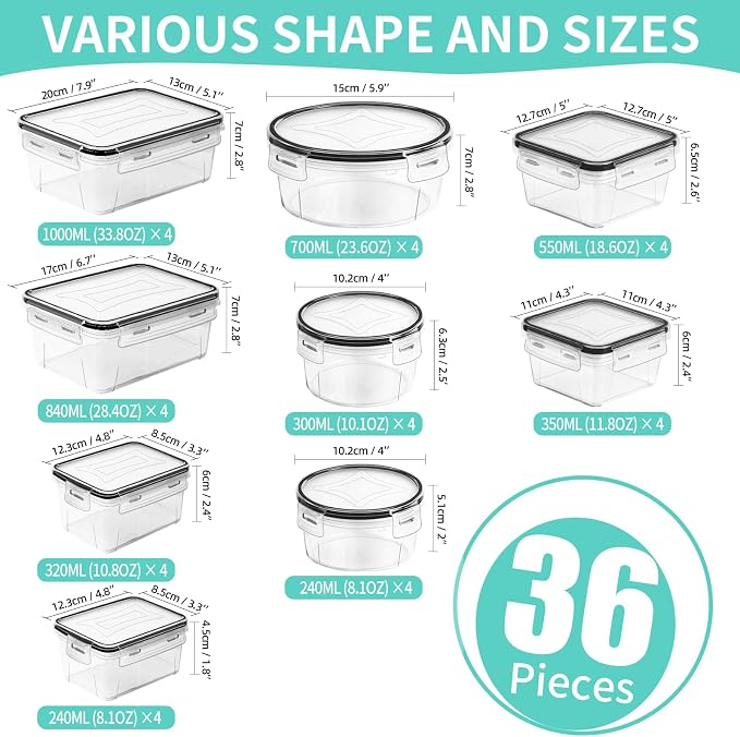 Skroam 72 piece Food Storage Containers Set with Airtight Lids (36 Containers & 36 Lids), Plastic Leak-Proof Kitchen Storage Containers for Pantry Organizers and storage - Meal Prep, Lunch Containers - Image 2