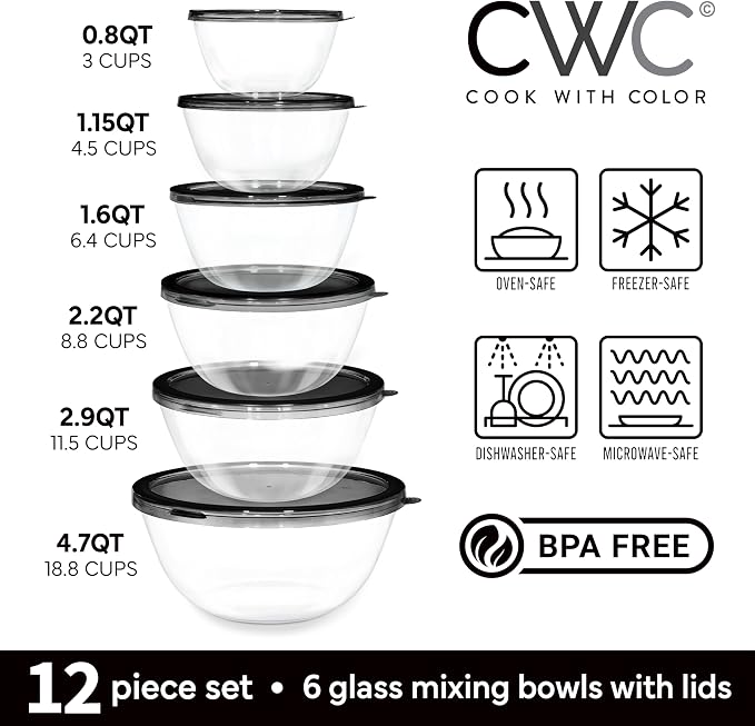 COOK WITH COLOR 12 Pc Glass Mixing Bowl Set with Lids – Borosilicate Glass Nesting Bowls for Cooking, Baking and Meal Prep, Black - Image 2