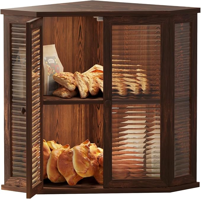 Corner bread box Bread Box for Kitchen Countertop - Corner Bread Storage Box 16.5" H, Premium Wood with Glass Door, Perfect for Homemade Bread, (Pine wood) by Aycarzcy
