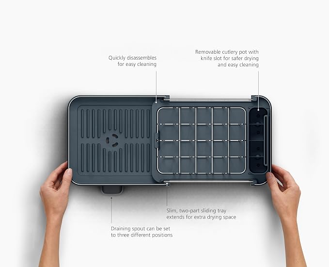 Joseph Joseph Extend Slim Steel Expandable Dish Drying Rack with Removable Cutlery Holder and Swivel Draining Spout, Compact Design, Grey - Image 5