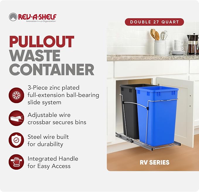 Rev-A-Shelf Pullout Trash Can for Kitchen Cabinets, Blue/Black Bin, 27 Qt | Large Capacity Garbage Recycling Waste Container, Heavy Gauge Metal Wire Construction, Full Extension Slides, RV-15KD-2218C-S - Image 2