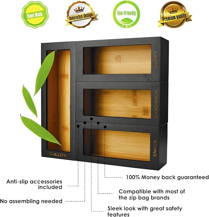 Bamboo Bag Organizer (4 Pieces Set) and Wrap Dispenser Bundle for Kitchen Drawer (Black) - Image 5