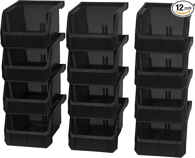 Extra-Small Stackable Plastic Storage Bins, 12-Pack, Black | Open-Front Stackable Bins For Garage, Pantry, Closet & Office, 5"L X 4"W X 3"H, Nests When Empty, Durable Plastic, by Akro-Mils